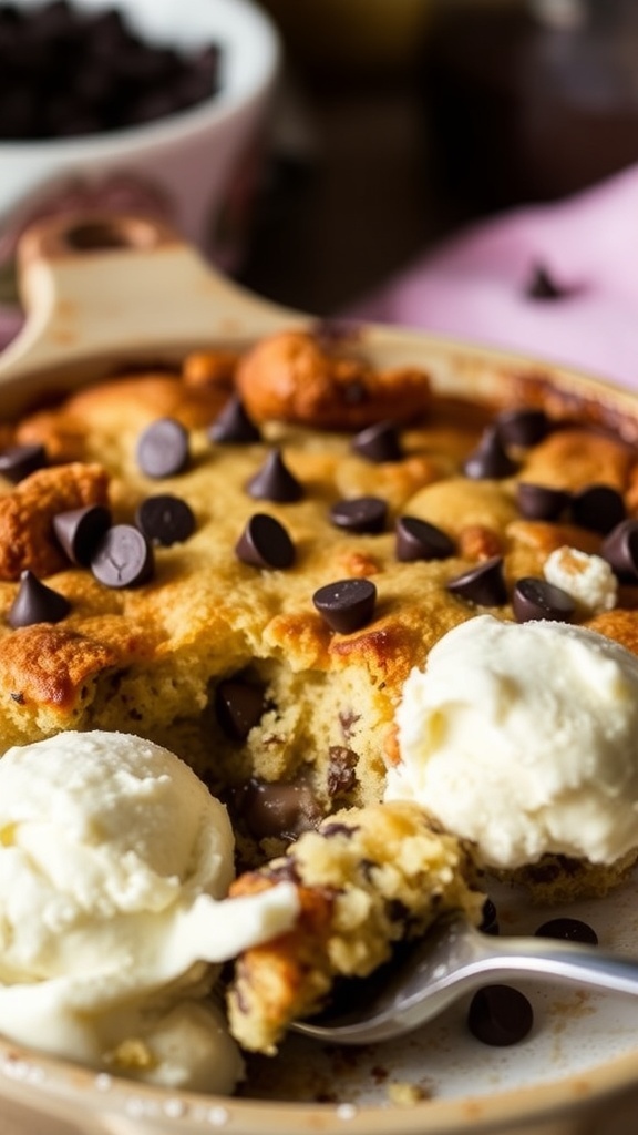 Gluten-Free Chocolate Chip Bread Pudding A warm gluten-free chocolate chip bread pudding in a baking dish, served with a scoop of vanilla ice cream.